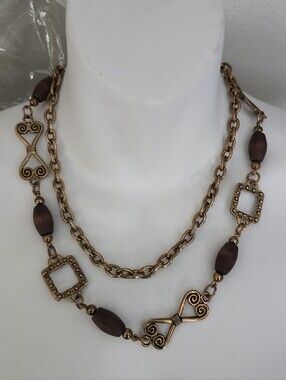 New York Studio Sautoir Necklace/Belt Gold Tone Fiigree Links & Wooden Beads